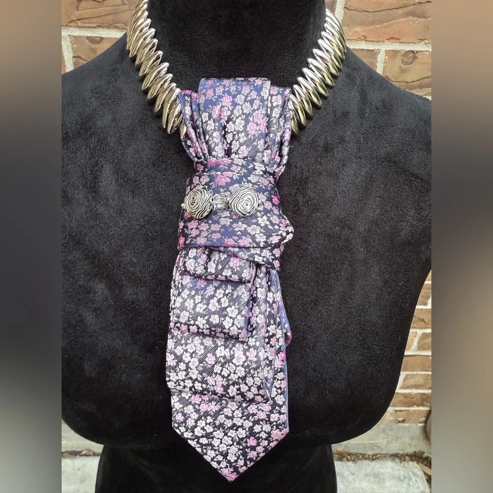 Silver, Purple, and Pink Floral Necktie Necklace - Picture 3 of 4